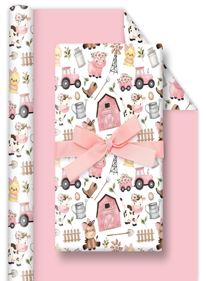 FYSUIMU Farm Animal Wrapping Paper - Mini Roll - 17 Inch x 32.8 Ft Pink Barnyard Gift Wrap Paper Double-Sided Art Paper for Home Party DIY Crafts Supplies - Image 1